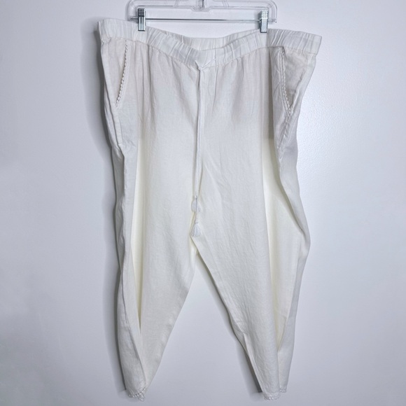 NWT Talbots White Linen Pants W/ Lace Trim And Pockets Drawstring Waist Size 24W